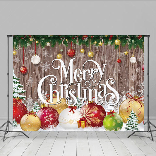 Lofaris Merry Christmas Backdrop with Rustic Wood and Colorful Ornaments Farmhouse Holiday Winter Party Decor