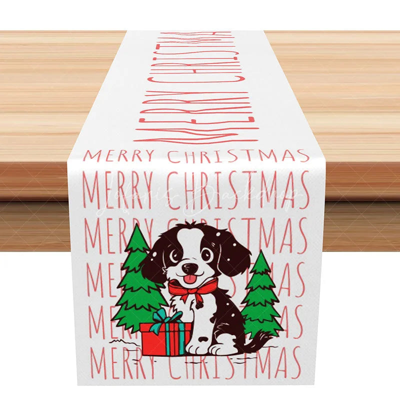 Lofaris Merry Christmas Cute Dog with Tree Table Runner Red and White Holiday Pet Lover Decor