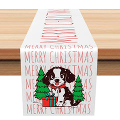 Lofaris Merry Christmas Cute Dog with Tree Table Runner Red and White Holiday Pet Lover Decor