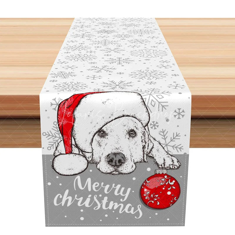 Lofaris Merry Christmas Dog with Santa Hat Table Runner Grey Snowflake Cute Pet Lover Holiday Decor