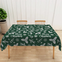 Lofaris Merry Christmas Rectangle Tablecloth Green with White Holly Snowflake Winter Holiday Table Cover Decor
