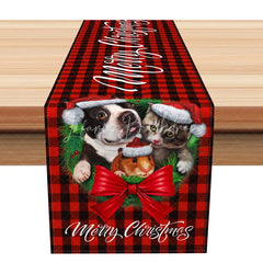 Lofaris Merry Christmas Red Buffalo Plaid Table Runner Cute Pets with Santa Hats Farmhouse Holiday Decor