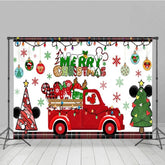 Lofaris Merry Christmas Red Truck Backdrop with Mouse Ears Plaid Accents and Lights Cartoon Holiday Party Decor