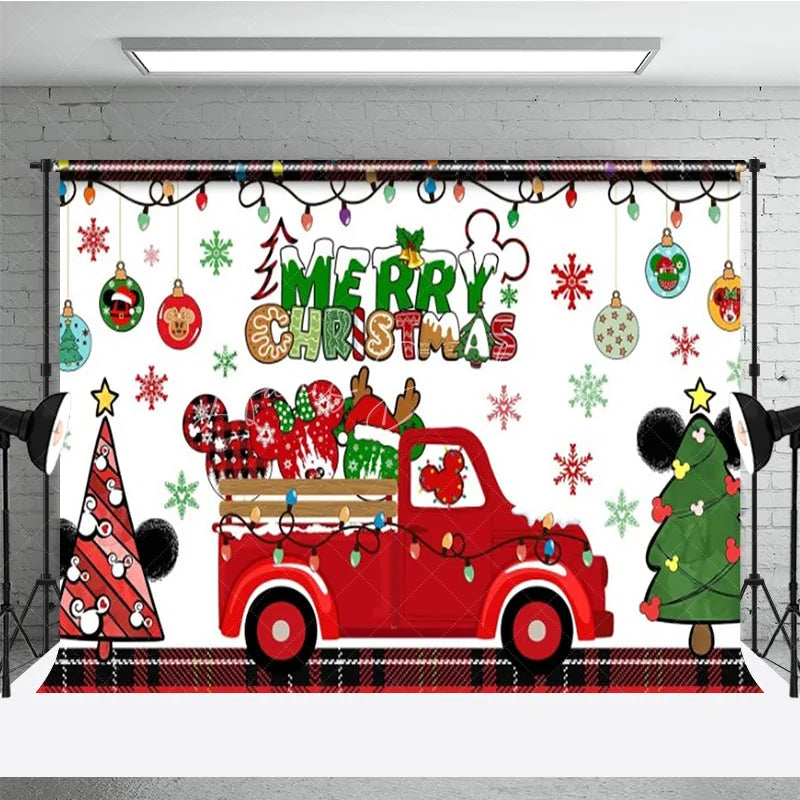 Lofaris Merry Christmas Red Truck Backdrop with Mouse Ears Plaid Accents and Lights Cartoon Holiday Party Decor