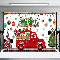Lofaris Merry Christmas Red Truck Backdrop with Mouse Ears Plaid Accents and Lights Cartoon Holiday Party Decor