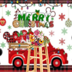 Lofaris Merry Christmas Red Truck Backdrop with Mouse Ears Plaid Accents and Lights Cartoon Holiday Party Decor