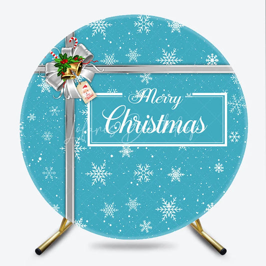 Lofaris Merry Christmas Round Backdrop Blue Snowflake Gift Box Silver Ribbon Jingle Bells Holiday Party Decor