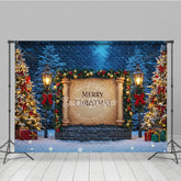 Lofaris Merry Christmas Scroll Photography Backdrop Snowy Night Scene with Lanterns Holiday Mini Session Background