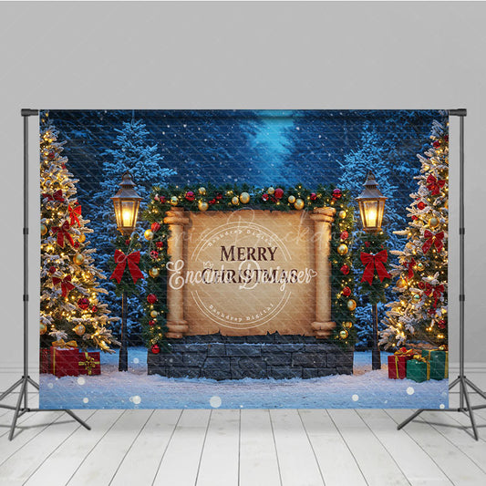 Lofaris Merry Christmas Scroll Photography Backdrop Snowy Night Scene with Lanterns Holiday Mini Session Background
