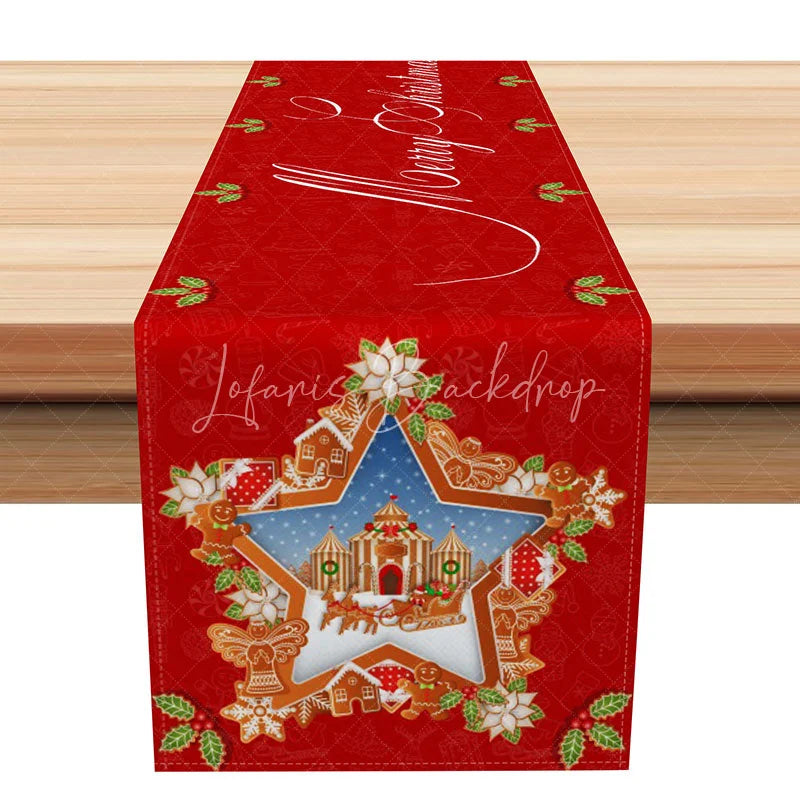 Lofaris Merry Christmas Star Gingerbread House Table Runner Red Holiday Dining Decorations