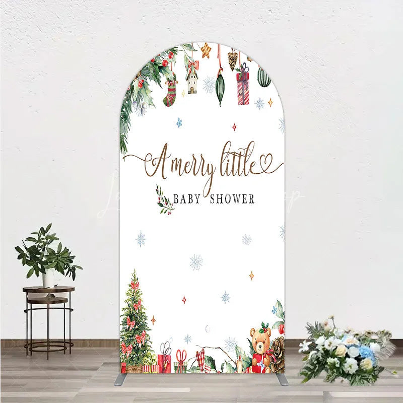 Lofaris Merry Little Baby Shower Arch Backdrop Christmas Tree Bear Party Decoration Winter Holiday Ornament Background