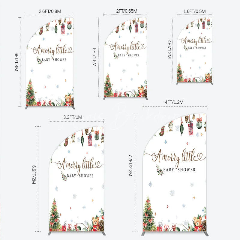 Lofaris Merry Little Baby Shower Half Moon Arch Backdrop Christmas Tree Bear Party Decoration Winter Holiday Ornament Background