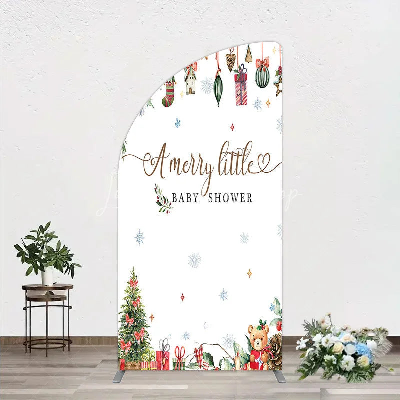 Lofaris Merry Little Baby Shower Half Moon Arch Backdrop Christmas Tree Bear Party Decoration Winter Holiday Ornament Background