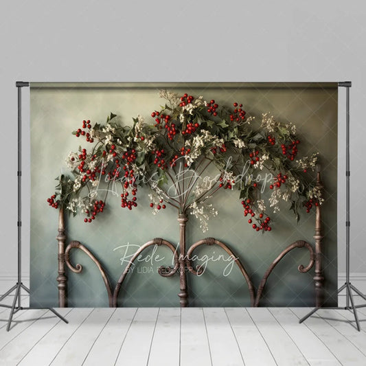 Lofaris Metal Headboard Christmas Backdrop Red Berry Garland Rustic Bed Background Vintage Bedroom Holiday Party Decoration