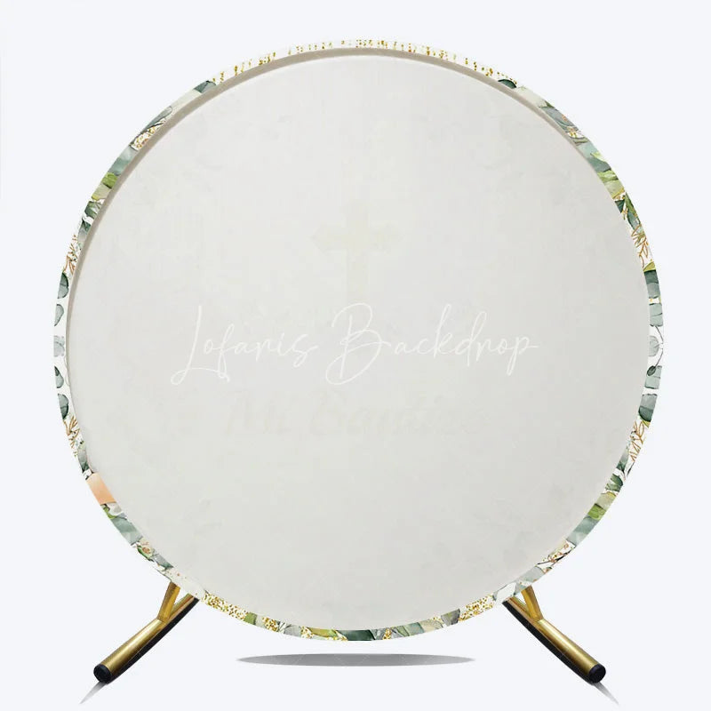 Lofaris Mi Bautizo Round Backdrop Gold Cross Angel Boy Greenery Baptism Decor