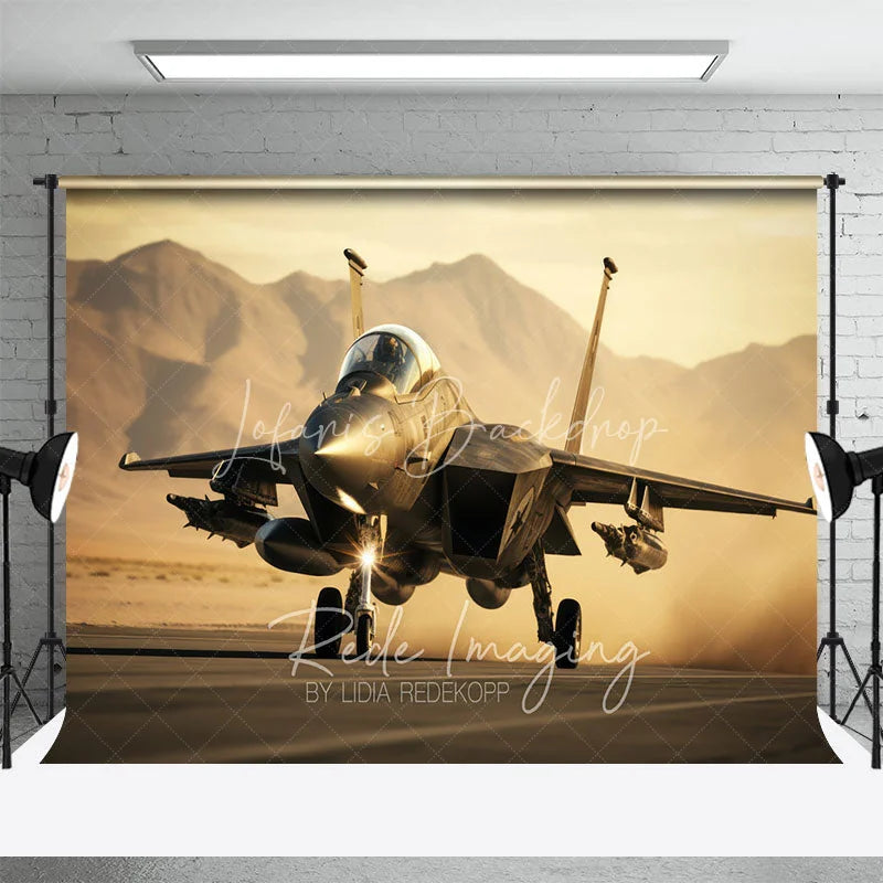 Lofaris Military Fighter Jet on Runway Backdrop Desert Mountain Sunset Aviation Background for Boy Room
