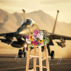 Lofaris Military Fighter Jet on Runway Backdrop Desert Mountain Sunset Aviation Background for Boy Room