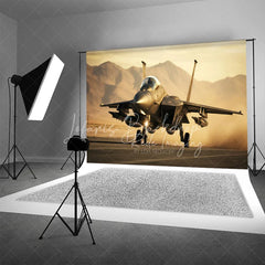 Lofaris Military Fighter Jet on Runway Backdrop Desert Mountain Sunset Aviation Background for Boy Room