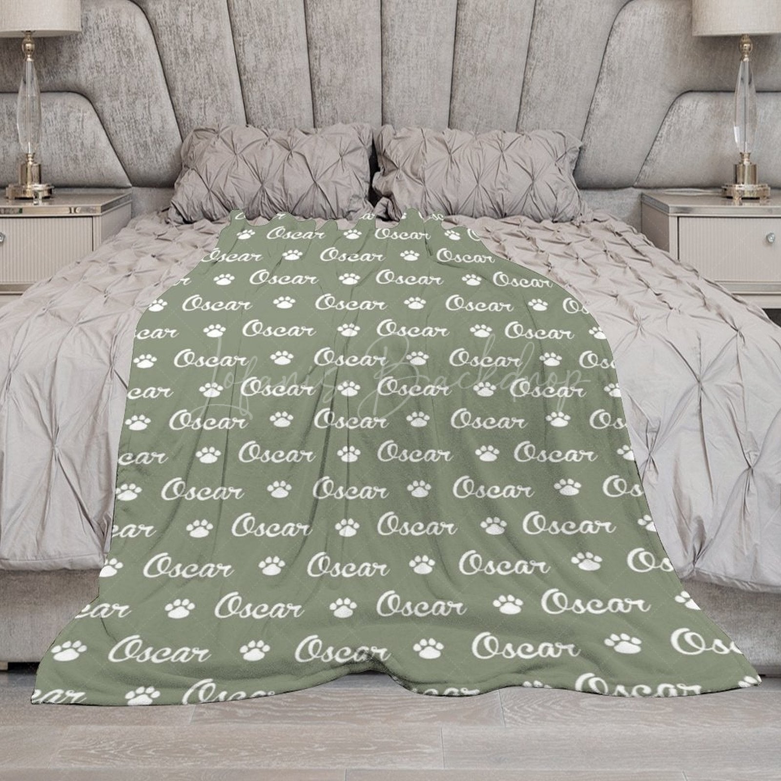 Lofaris Military Green White Paw Print Custom Name Blanket