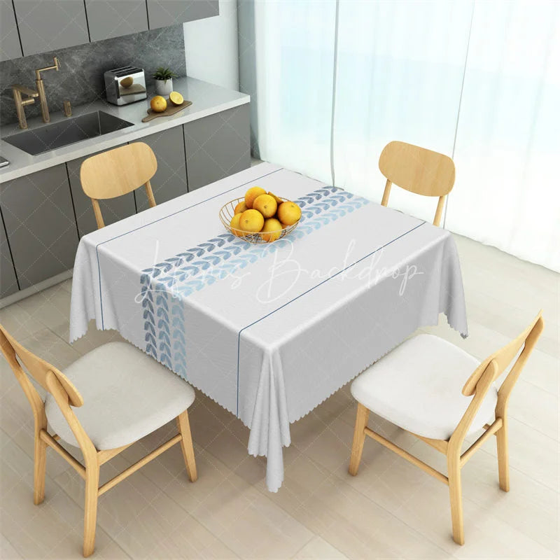 Lofaris Minimalist Blue Leaf Band Rectangle Tablecloth White Scandi Style Pattern Table Cover for Dining