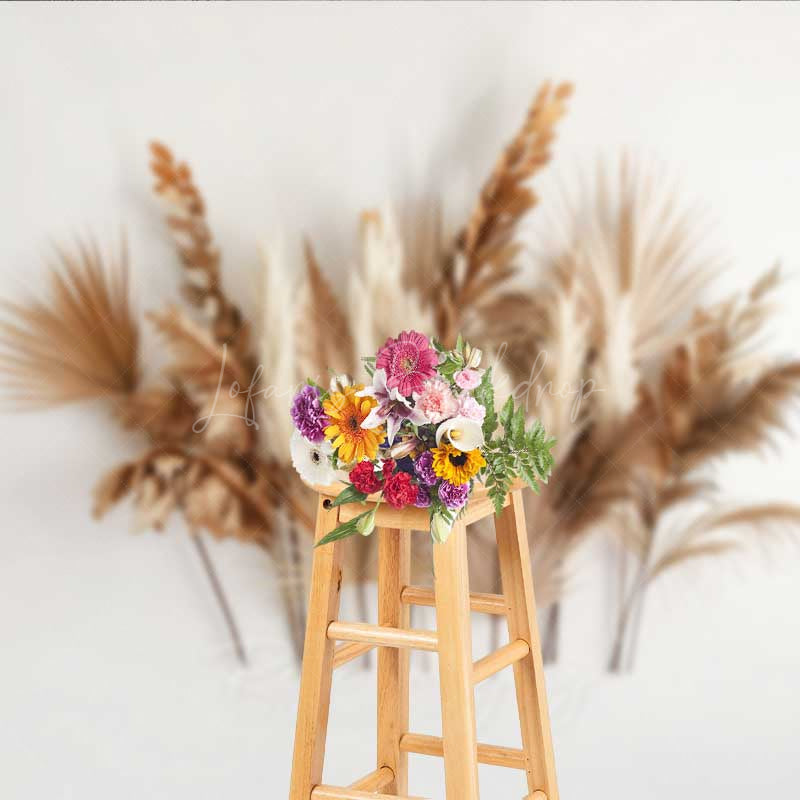 Lofaris Minimalist Boho Photography Backdrop Dried Palm Leaves and Pampas Grass Arrangement Modern Neutral Studio Prop
