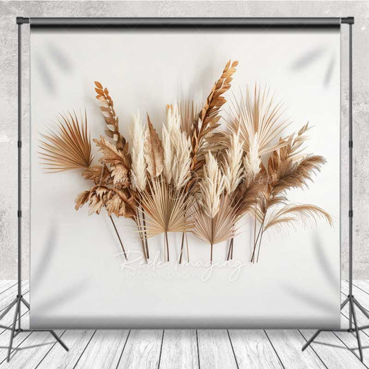 Lofaris Minimalist Boho Photography Backdrop Dried Palm Leaves and Pampas Grass Arrangement Modern Neutral Studio Prop