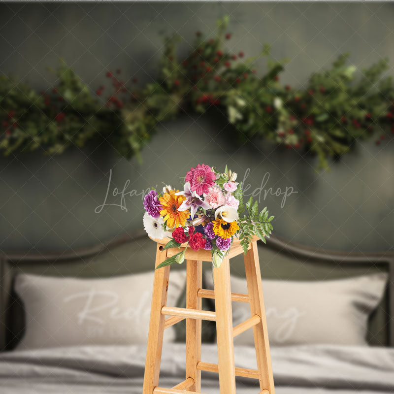 Lofaris Minimalist Christmas Headboard Photography Backdrop Simple Greenery Garland Rustic Farmhouse Bedroom Photo Prop