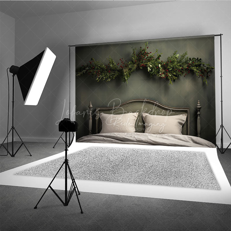 Lofaris Minimalist Christmas Headboard Photography Backdrop Simple Greenery Garland Rustic Farmhouse Bedroom Photo Prop