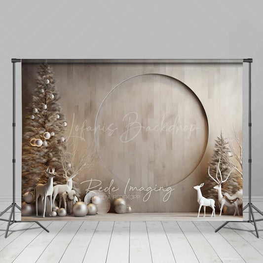 Lofaris Minimalist Christmas Photography Backdrop Modern Wood Wall with White Reindeer Neutral Holiday Studio Photo Prop