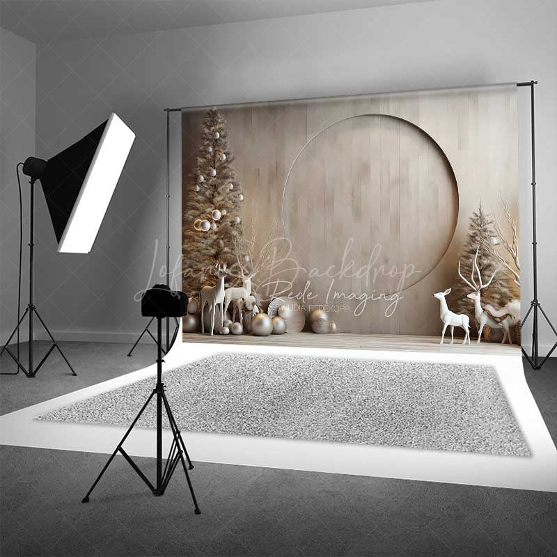 Lofaris Minimalist Christmas Photography Backdrop Modern Wood Wall with White Reindeer Neutral Holiday Studio Photo Prop