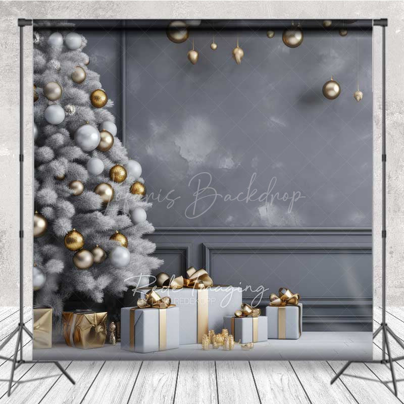 Lofaris Minimalist Christmas Photography Backdrop White Tree with Gold Ornaments Modern Gray Wall Holiday Photo Prop