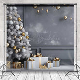 Lofaris Minimalist Christmas Photography Backdrop White Tree with Gold Ornaments Modern Gray Wall Holiday Photo Prop