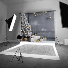 Lofaris Minimalist Christmas Photography Backdrop White Tree with Gold Ornaments Modern Gray Wall Holiday Photo Prop