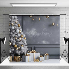 Lofaris Minimalist Christmas Photography Backdrop White Tree with Gold Ornaments Modern Gray Wall Holiday Photo Prop