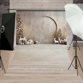 Lofaris Minimalist Christmas Sweep Photography Backdrop with Floor Modern Wood Wall and White Reindeer Neutral Holiday Photo Prop