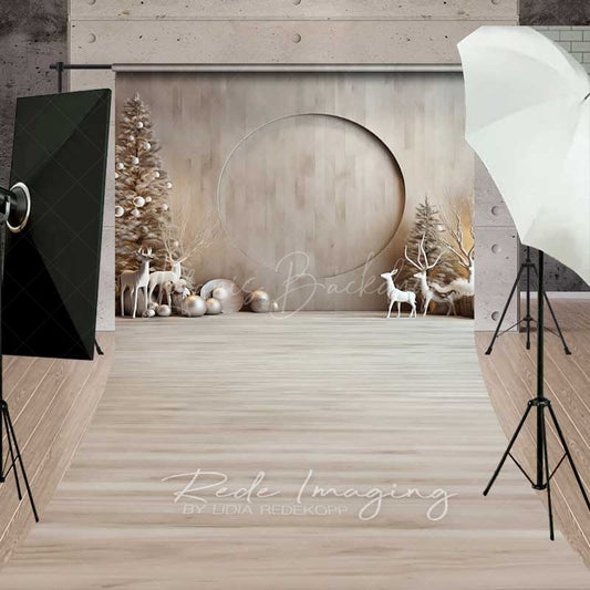 Lofaris Minimalist Christmas Sweep Photography Backdrop with Floor Modern Wood Wall and White Reindeer Neutral Holiday Photo Prop