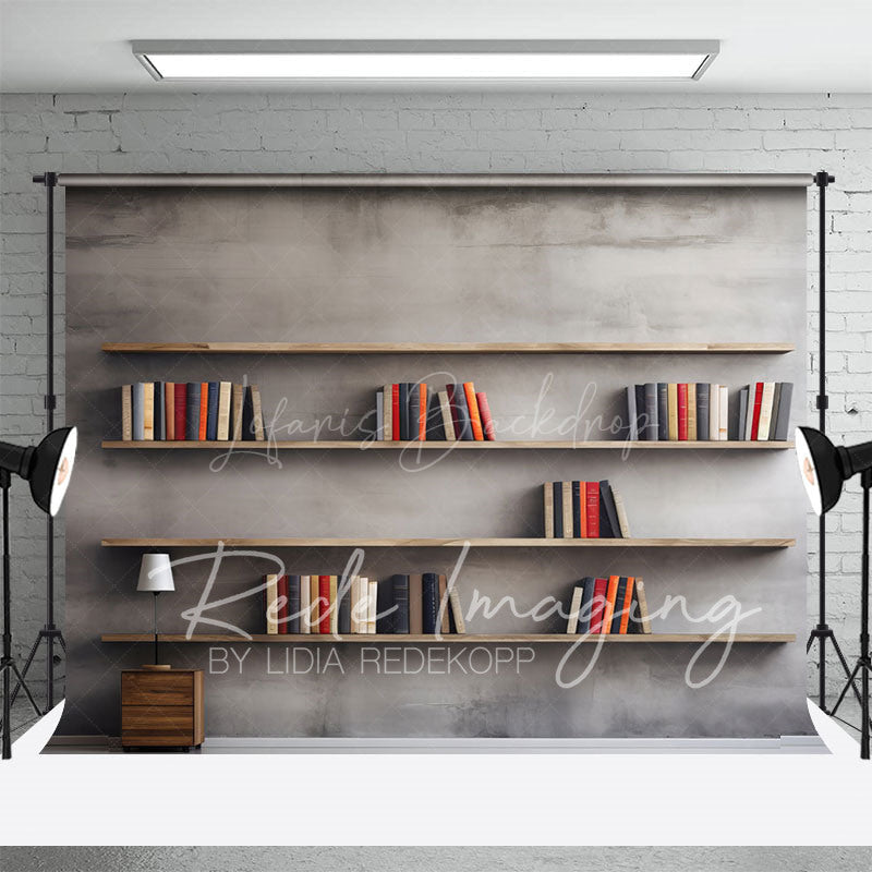 Lofaris Minimalist Grey Wall Dark Room Bookshelf Backdrop
