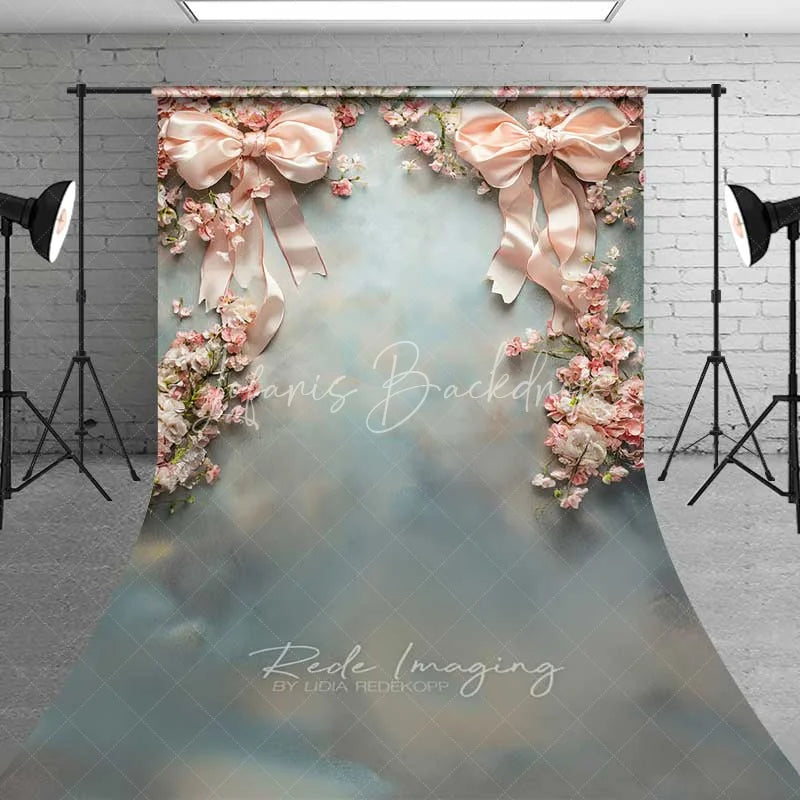 Lofaris Minimalist Pink Bow Floral Sweep Photography Backdrop White Wall Wedding Decoration Grey Floor Photo Prop