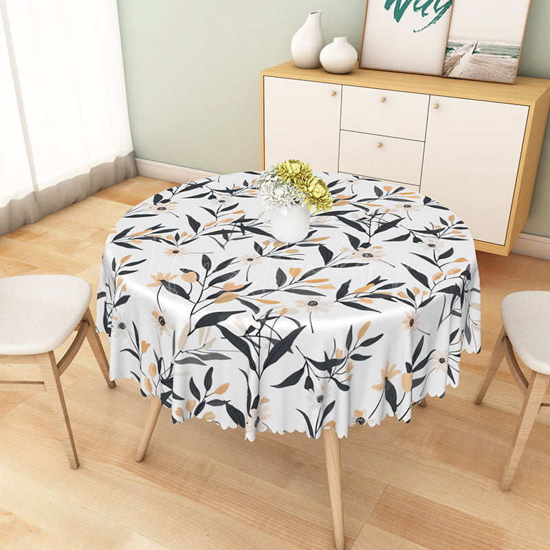 Lofaris Minimalist White Round Tablecloth with Leaf and Floral Line Art for Modern Botanical Dining Decor