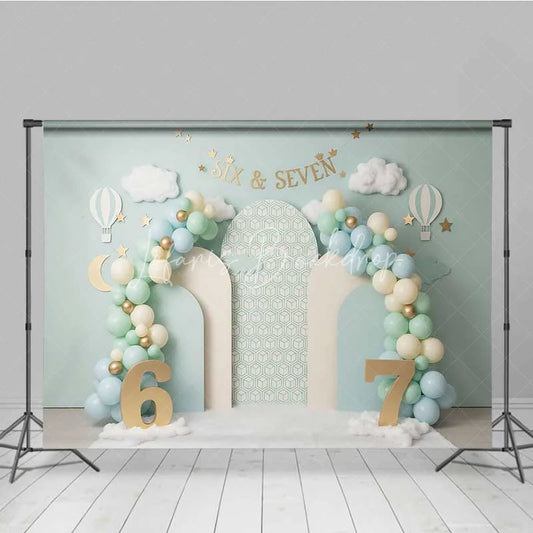 Lofaris Mint Green Six and Seven Photography Backdrop Hot Air Balloon Birthday Banner