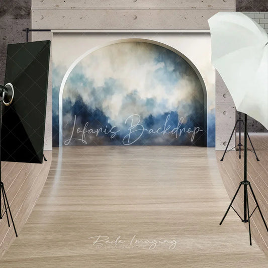 Lofaris Modern Abstract Blue and Beige Painterly Arch Sweep Backdrop Elegant Wooden Floor Studio Photography