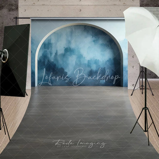 Lofaris Modern Abstract Blue Textured Arch Sweep Backdrop with Wood Floor for Portrait Photography