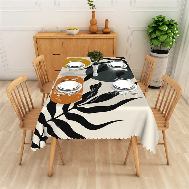 Lofaris Modern Abstract Botanical Leaf Rectangle Tablecloth with Organic Shapes Black Yellow Teal Dining Decor