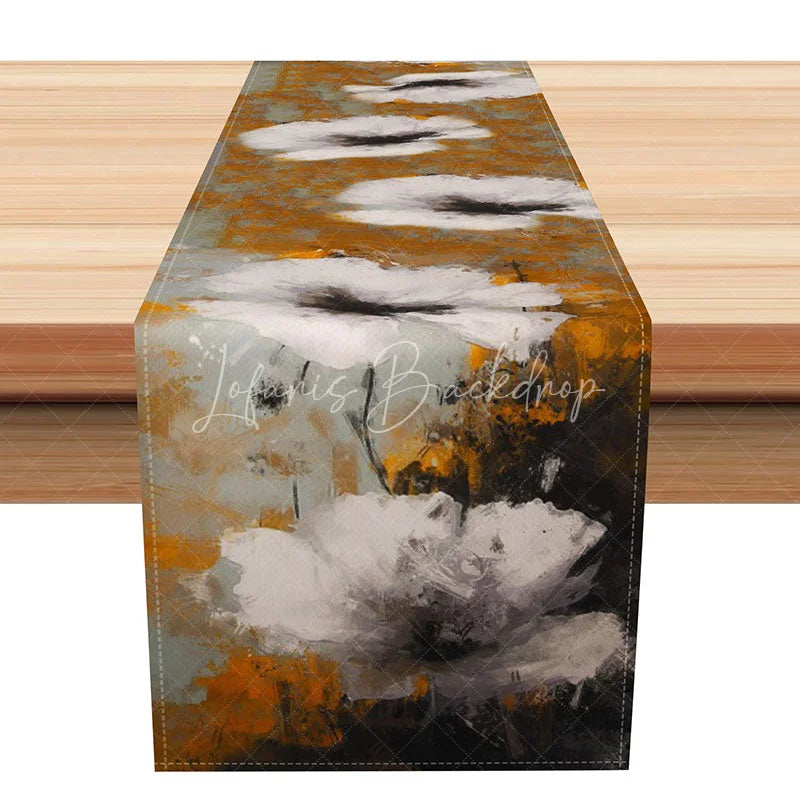 Lofaris Modern Abstract Floral Table Runner Grey Gold and White Botanical Elegant Minimalist Kitchen Decor