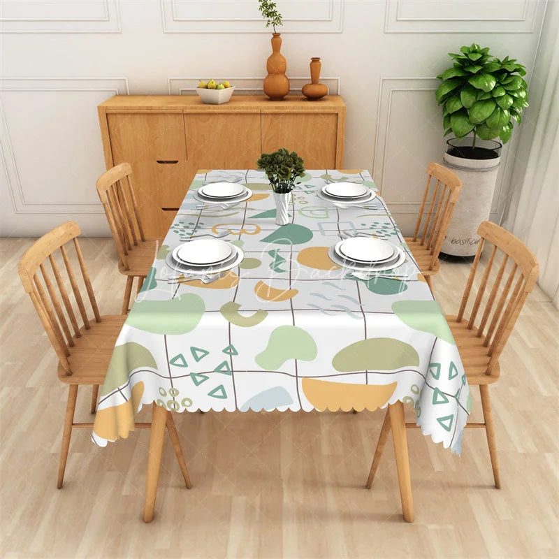 Lofaris Modern Abstract Geometric Rectangle Tablecloth with Green and Orange Organic Shapes Scalloped Edge Dining Decor