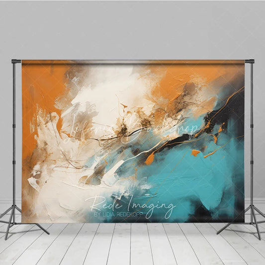 Lofaris Modern Abstract Orange Teal White Black Brush Strokes Photography Backdrop Artistic Textured Studio Portrait Photoshoot