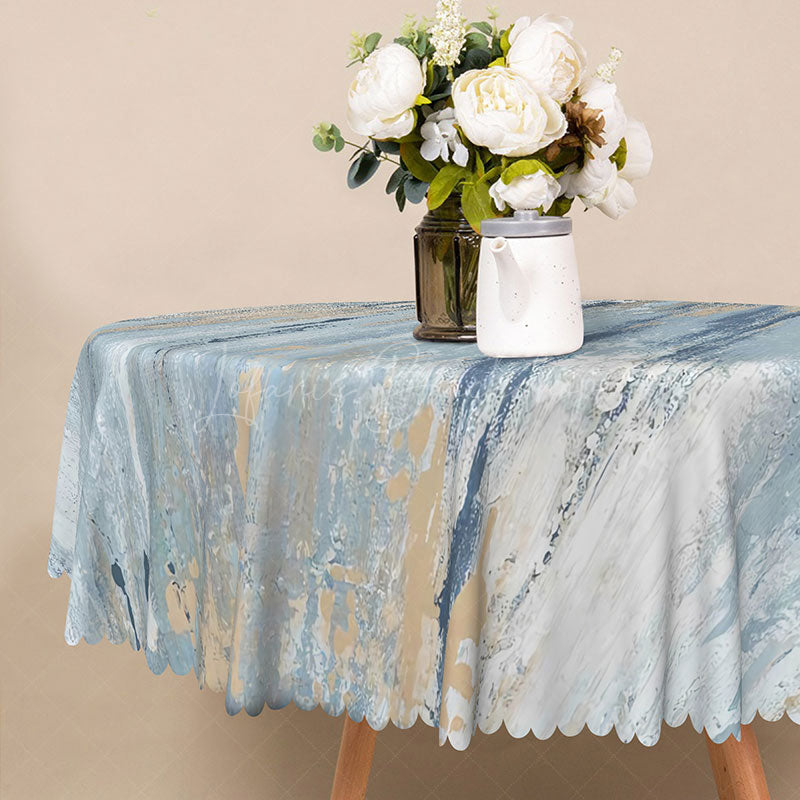Lofaris Modern Abstract Round Tablecloth in Blue Gold and White for Contemporary Elegant Dining Decor