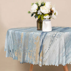 Lofaris Modern Abstract Round Tablecloth in Blue Gold and White for Contemporary Elegant Dining Decor