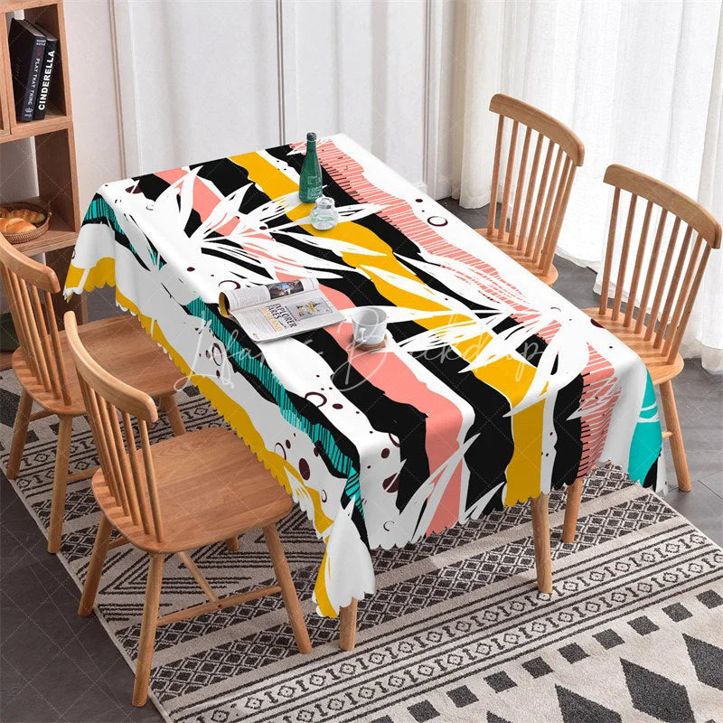 Lofaris Modern Abstract Striped Rectangle Tablecloth with Tropical Leaves Multi-Color Bohemian Party Decor