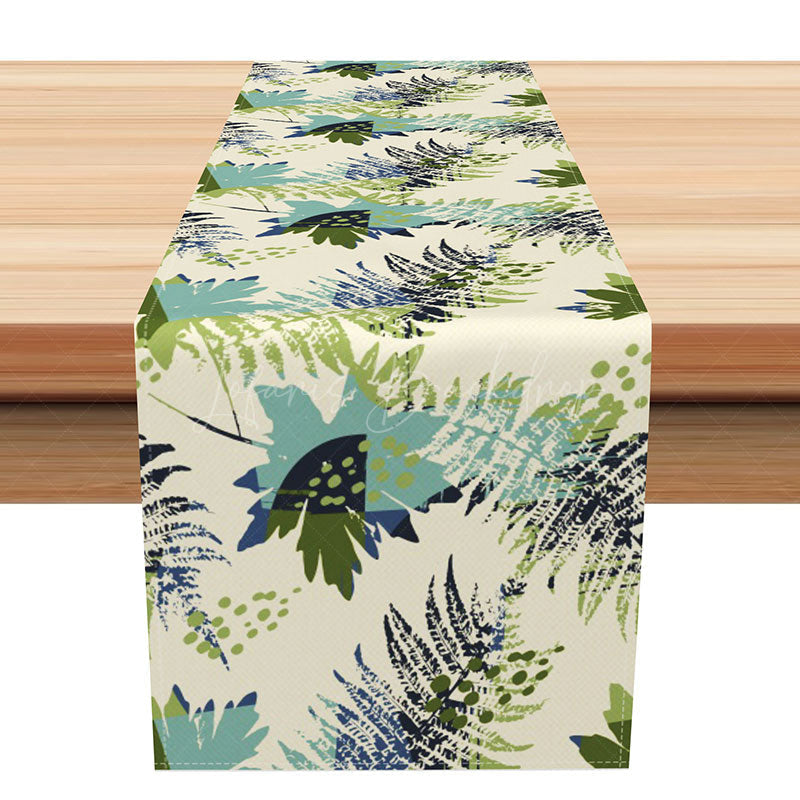 Lofaris Modern Abstract Table Runner with Blue and Green Leaves Pattern for Botanical Kitchen Dining Room Decor